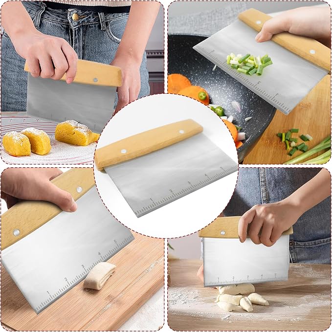 Stainless Steel Metal Spatula Set, 4 Pcs Teppaniyaki Griddle Accessories - Grill Burger Turner Long Pancake Flipper Griddle Scraper for Flat Top Cast Iron BBQ, Wooden Handle, Easy to Clean