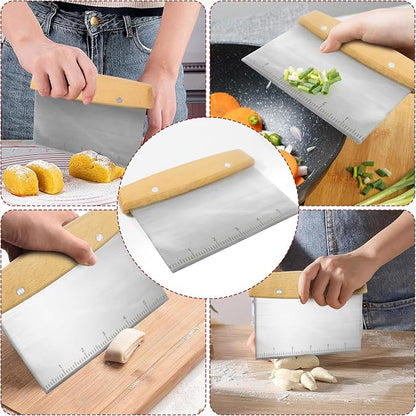 Stainless Steel Metal Spatula Set, 4 Pcs Teppaniyaki Griddle Accessories - Grill Burger Turner Long Pancake Flipper Griddle Scraper for Flat Top Cast Iron BBQ, Wooden Handle, Easy to Clean