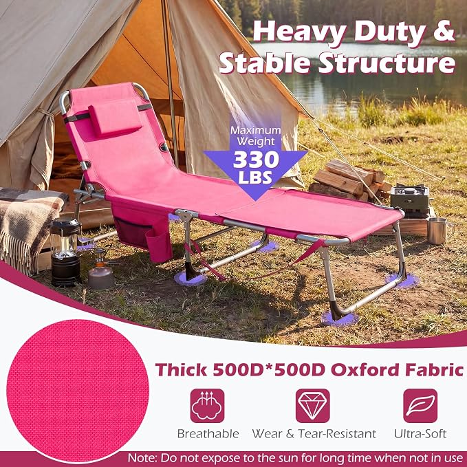 GYMAX Tanning Chair, 3 in 1 Sun Bathing Lounge Chairs with Face/Arm Holes & Side Pocket, Portable Lightweight Face Down Layout Tanning Chair for Outside, Beach, Backyard, Poolside (1, Pink)