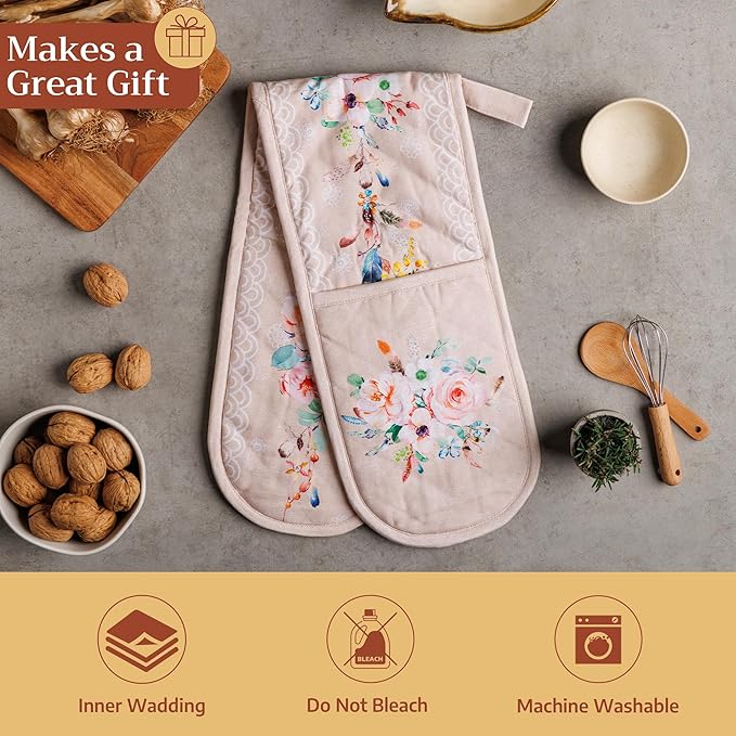 Maison d' Hermine Double Oven Mitts 100% Cotton 7"x35" Double Oven Mitt Heat Resistant BBQ Cooking Gloves with Loop Baking Grilling Kitchen Hotel Home Farmhouse Spring Summer (Ibiza - Beige)