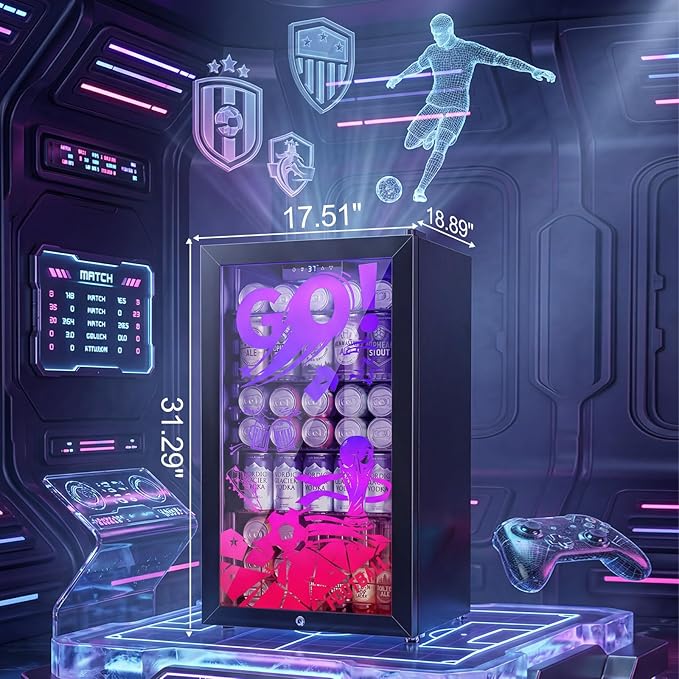 Small Beverage Refrigerator with LED Light Up Door – 128 Can Freestanding Drink Fridge, Mini Beer Cooler with 4 Removable Shelves, Child Safety Lock for Party Bar Gaming Room,World Cup Edition