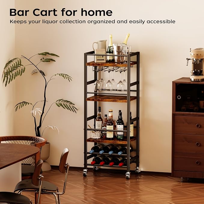 Homeiju Small Bar Cart with 5-Tier Shelf, Mobile Kitchen Shelf with Wine Rack and Glass Holder, Mini Bar Cart for Small Spaces, Rustic Brown