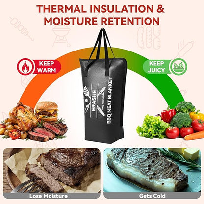 BBQ Blanket for Resting Meat - 21" Reusable Insulated Brisket Resting Bag with Meat Temp & Smoker Guide, Leak-Proof Smoked Meat Blanket for Brisket/Turkey/Beef, BBQ Gifts for Men Dad, Black