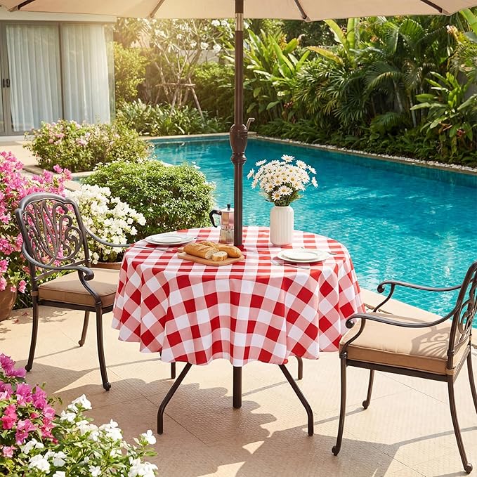 SquarePie 70 Inch Round Outdoor Tablecloth with Umbrella Hole and Zipper - Waterproof Spillproof Patio Table Cloth for Picnic Backyard, Red Checkered