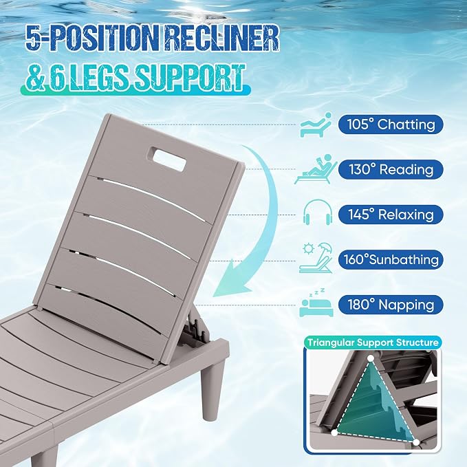 Greesum Outdoor Chaise Lounge Chair Set of 2, Light Coffee | Waterproof 5-Position Adjustable PP Sun Loungers for Patio, Poolside, and Beach Sunbathing