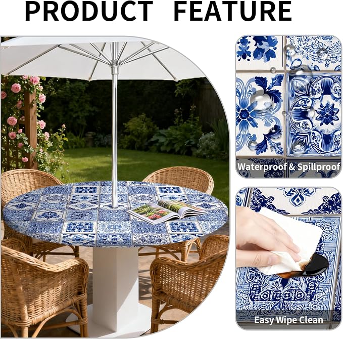 Outdoor Tablecloth with Umbrella Hole and Zipper Fits 61-65" Tables | Waterproof Round Fitted Tablecloth with Elastic Edge, Wipeable Outdoor Table Cover for Patio, Garden, Picnic