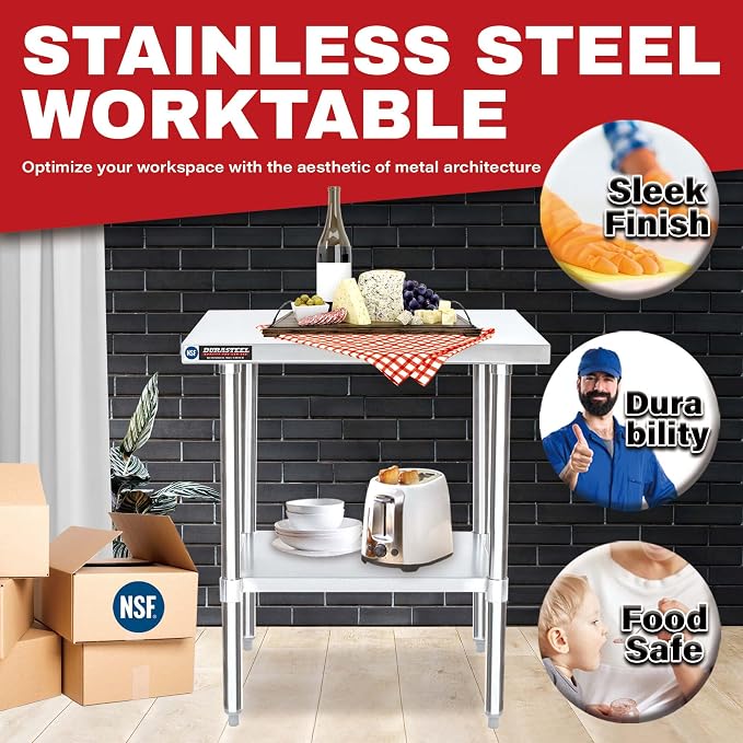 DuraSteel 30x48 Stainless Steel Work Table - NSF Certified Commercial Prep Table w/Adjustable Under Shelf - Kitchen Island, Outdoor Grill Stand, Laundry Folding & Garage Workbench - 350 lb Capacity