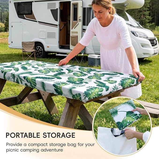 SquarePie Picnic Table Cover with Bench Covers - Waterproof Fitted Elastic Tablecloth for 6 FT Tables - Washable Polyester Camping Table Cloth for Outdoor Patio RV BBQ (Palm Leaf, 30"x72")