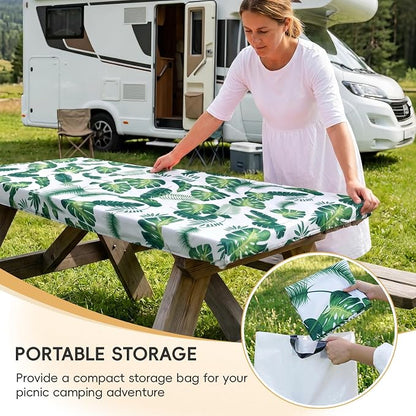 SquarePie Picnic Table Cover with Bench Covers - Waterproof Fitted Elastic Tablecloth for 6 FT Tables - Washable Polyester Camping Table Cloth for Outdoor Patio RV BBQ (Palm Leaf, 30"x72")