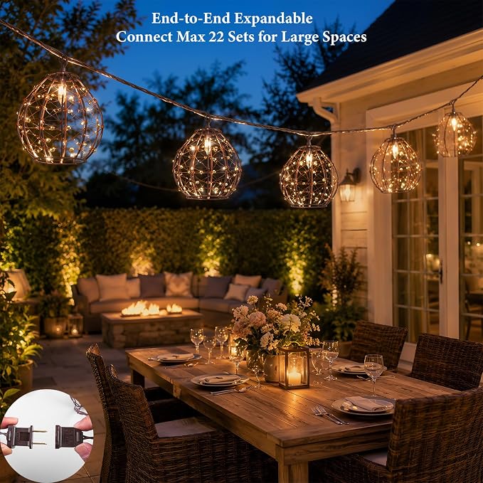2 Pack Decorative String Lights, 8.5ft with 10 Gold Beaded Copper Wire Lanterns, UL Certified Connectable Fairy Lights for Indoor & Outdoor Porch, Garden, Patio, Wedding Decor