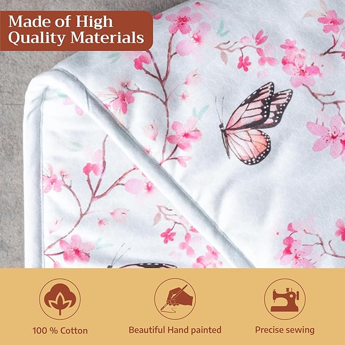 Maison d' Hermine Double Oven Mitts 100% Cotton 7"x35" Double Oven Mitt Heat Resistant BBQ Cooking Gloves with Loop Baking Grilling Kitchen Hotel Home Farmhouse Spring Summer (Blossoms in Spring)