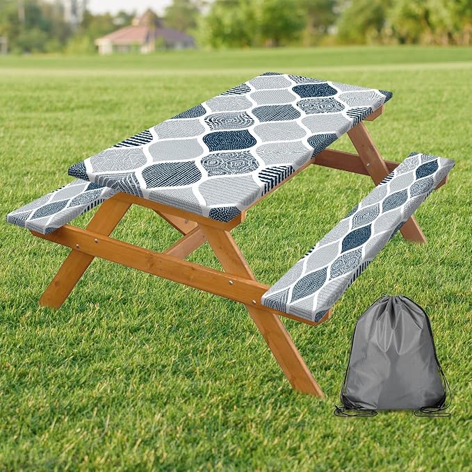 JAWO Blue and Grey Picnic Table Cover with Bench Covers, Modern Camping RV Essentials Gear Supplies Outdoor Waterproof Windproof Tablecloth with Elastic, 96in