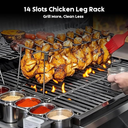 auisea Chicken Leg Rack for Grill 14 Slots - 2-Piece Set Professional Grade Stainless Steel Chicken Drumstick Holder- Metal Chicken Leg Rack for Smoker Oven BBQ