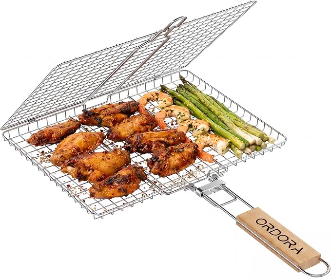 ORDORA Shallow Grill Basket, Fish Grill Basket, Rustproof Stainless Steel BBQ Folding Portable Grilling Rack for Meat, Steak,Vegetables, Grill Accessories