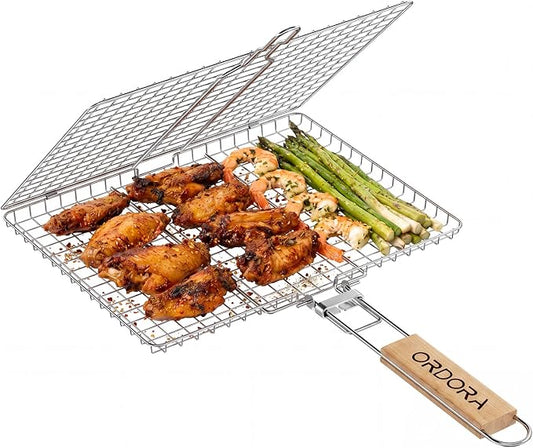 ORDORA Shallow Grill Basket, Fish Grill Basket, Rustproof Stainless Steel BBQ Folding Portable Grilling Rack for Meat, Steak,Vegetables, Grill Accessories