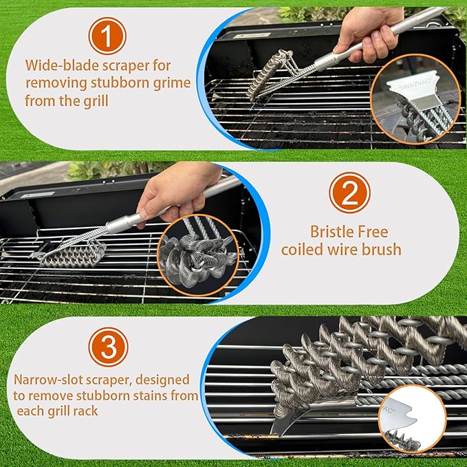 Stainless Steel BBQ Grill Brush 2.8inch with Detachable Aluminum Handle The Combination of the Coiled Wire Brush and the Sturdy Scraper, Bristle Free Detachable Design for Easy Storage