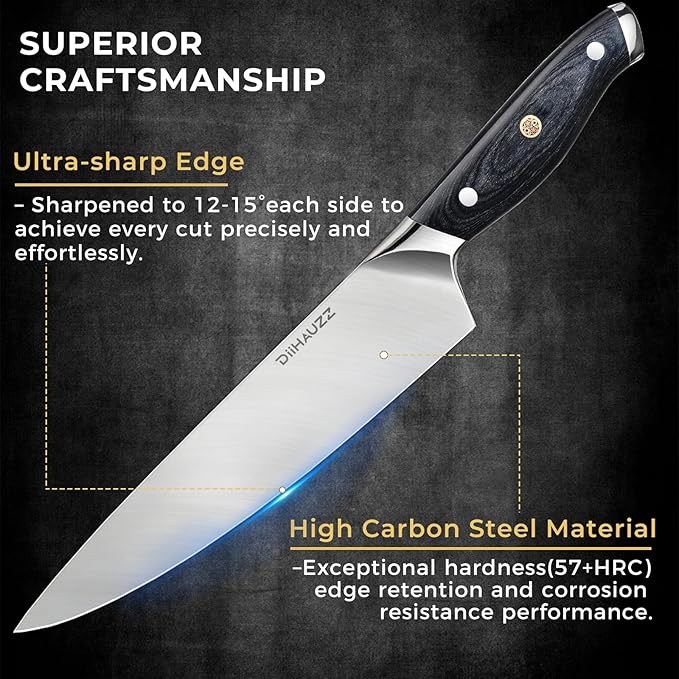 DiiHAUZZ Chef Knife, 8 Inch Ultra Sharp Kitchen Knife, Professional High Carbon Steel Chefs Knife with Full-Tang Ergonomic Handle for Kitchen, Gift Box for Fathers Day Gift