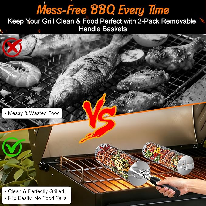 Rolling Grill Baskets for Outdoor Grill, 2PCS BBQ Grilling Basket with Removable Wooden Handle, Stainless Steel Camping Cooking Grill Accessories for Meat Fish Vegetable Seafood, Gifts for Men Dad Husband