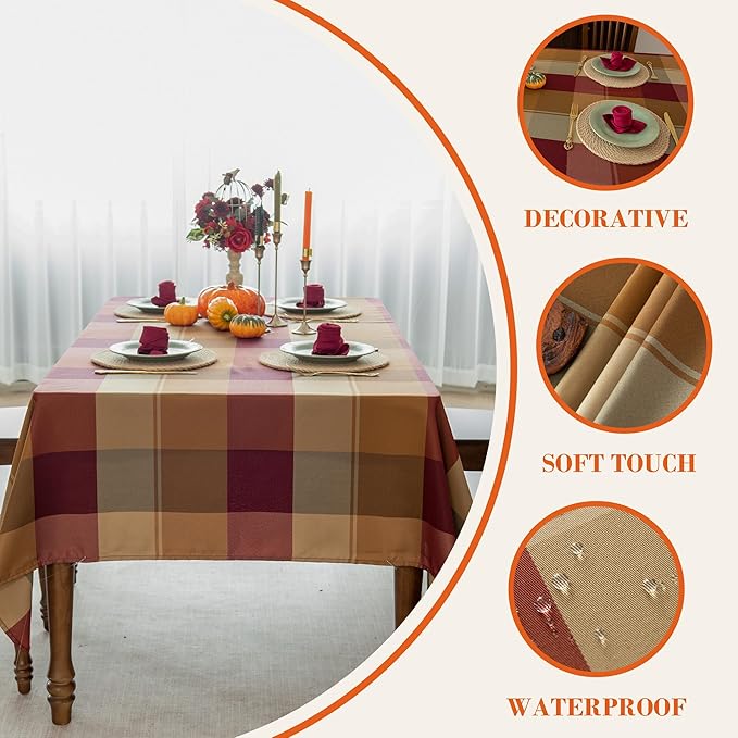 Rectangle Plaid Tablecloth for Thanksgiving, 60x84 inches Checkered Style Table Cloth Holiday Family Gathering Table Cover - Spillproof & Waterproof - Ideal for Indoor & Outdoor Use