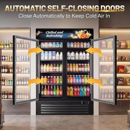 Velivi Commercial Beverage Refrigerator, Double Glass Door Display Cooler, Upright Drink Merchandiser with LED Lighting, Auto Closing Doors