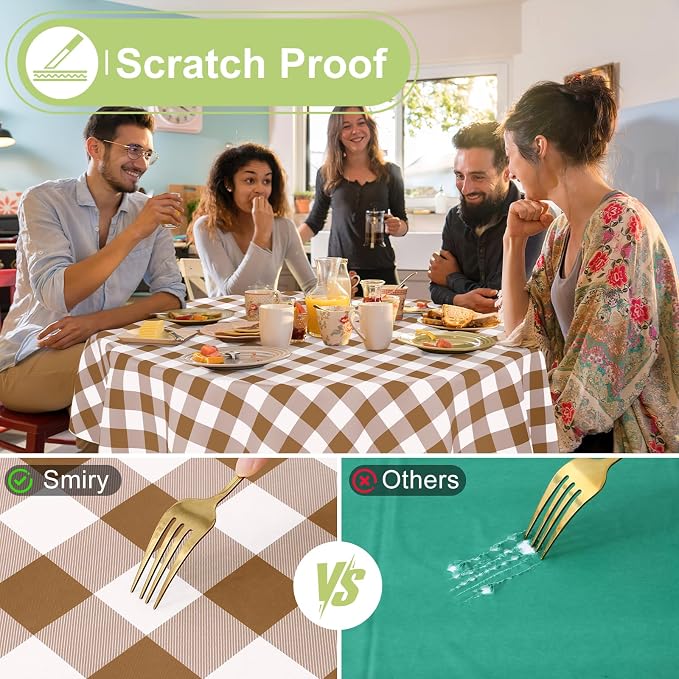 Smiry Picnic Table Cloth, Vinyl Tablecloths with Flannel Backing, 60" Round | Waterproof Picnic Table Cloth, Wipeable Buffalo Plaid Table Cover for Indoor and Outdoor (Brown & White)