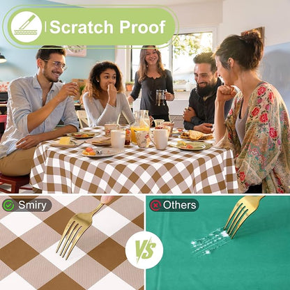 Smiry Picnic Table Cloth, Vinyl Tablecloths with Flannel Backing, 60" Round | Waterproof Picnic Table Cloth, Wipeable Buffalo Plaid Table Cover for Indoor and Outdoor (Brown & White)