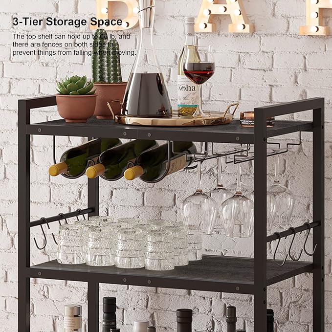 TUTOTAK Bar Cart with Wheels, Drink Cart with Wine Rack and Glass Holder | 3-Tier 23.7 Inch Wide Home Bar Serving Carts, Small Mobile Kitchen Shelf with 6 Hooks, Black BC01BK030