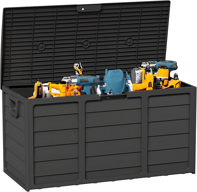 75 Gallon Outdoor Deck Storage Box – Heavy Duty Resin with Lockable Lid,UV Resistant for Patio Furniture, Garden Tools,Black