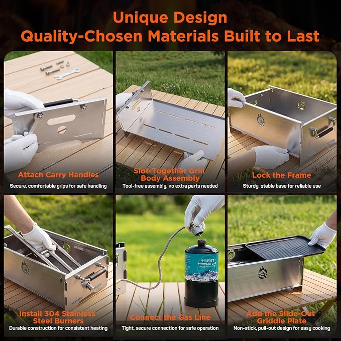 Stainless Steel Portable Tabletop Charcoal Grill, Foldable Camping Grill | Lightweight Mini Gas BBQ Grill & Fire Pit with Griddle Plate & Carry Bag for Camping Tailgating Picnic Travel Backyard Patio