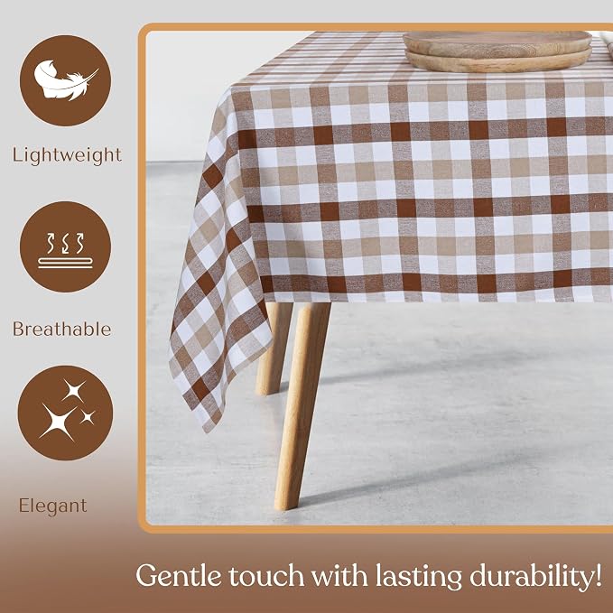 Gingham Check Tablecloth 60"x102", 100% Cotton, Classic Check, Reusable & Machine Washable, Rustic Dining Table Cover for Kitchen, Holidays, Outdoor, Brown & Beige