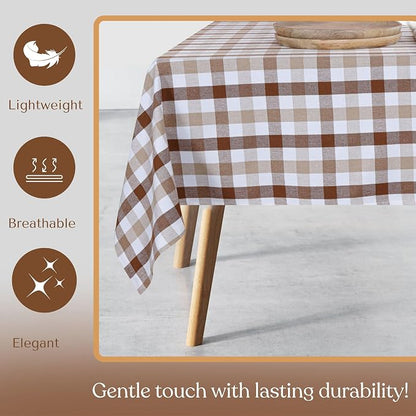 Gingham Check Tablecloth 60"x102", 100% Cotton, Classic Check, Reusable & Machine Washable, Rustic Dining Table Cover for Kitchen, Holidays, Outdoor, Brown & Beige