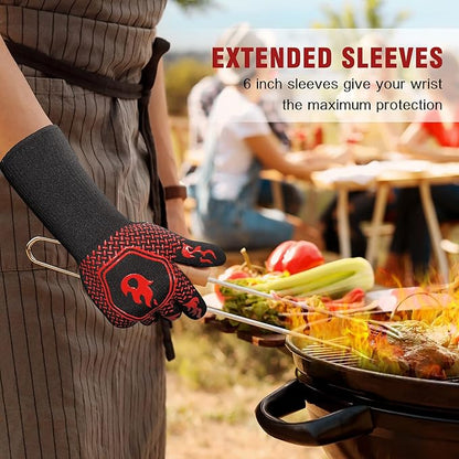 HAMITOR BBQ Grill Gloves : 1472 ℉ High Temp Resistance Fireproof Glove for Grilling Barbecue - Washable Long Silicone Oven Mitts Extreme Hot Proof Mittens for Kitchen Cooking Baking