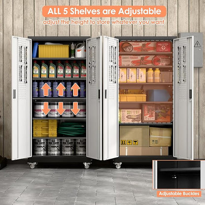 Aobabo Upgrade 71H''*34''W*18''D Metal Garage Storage Cabinet with Wheels and Pegboards, 5 Adjustable Shelves Steel Storage Cabinets for Home,Warehouse,Garage,Assembly Required,Black Sliver