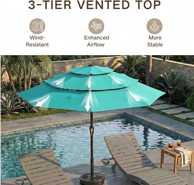 Kingdura 9ft 3-Tier Patio Umbrella, Outdoor Table Umbrella with Easy Crank & Tilt, 8 Reinforced Ribs, UV Protection for Deck, Pool, Market, Backyard (Tiffany blue)