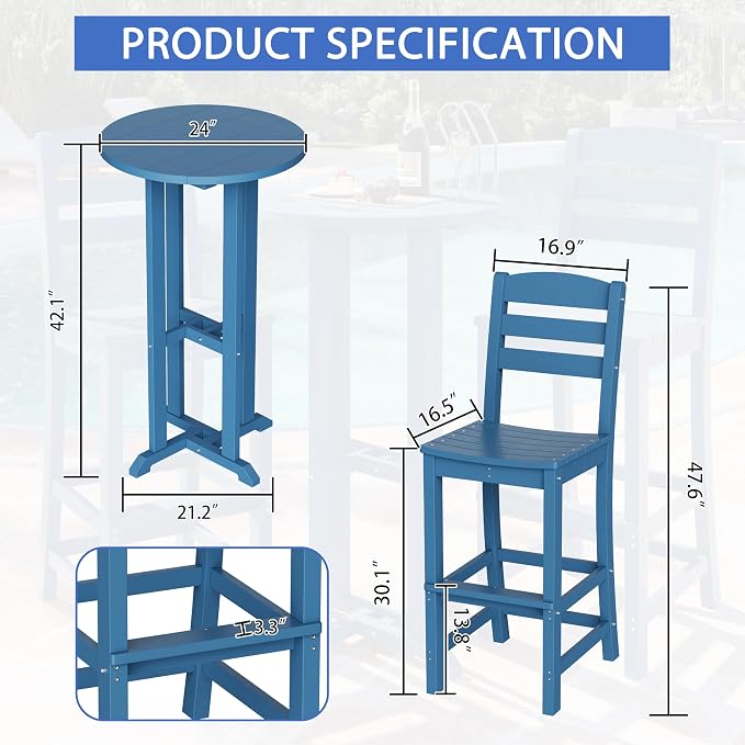 Shintenchi 3 Pieces Outdoor High Top Bar Set, 1 Patio High Top Round Table and 2 Bar Height Tall Adirondack Chair, All-Weather Outdoor Bistro Bar Set for Balcony Pool Deck, Blue