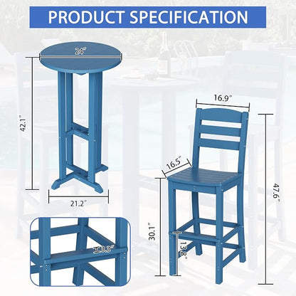 Shintenchi 3 Pieces Outdoor High Top Bar Set, 1 Patio High Top Round Table and 2 Bar Height Tall Adirondack Chair, All-Weather Outdoor Bistro Bar Set for Balcony Pool Deck, Blue