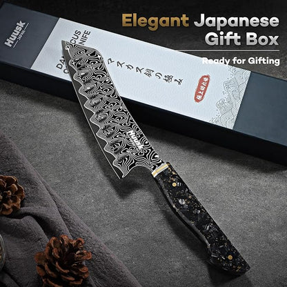 Huusk Damascus Japanese Chef Knife - Ultra Sharp Damascus VG-10 Kitchen Knife, Professional Santoku Knives with Ergonomic Resin Handle, Ideal Birthday Dad Mom Gift
