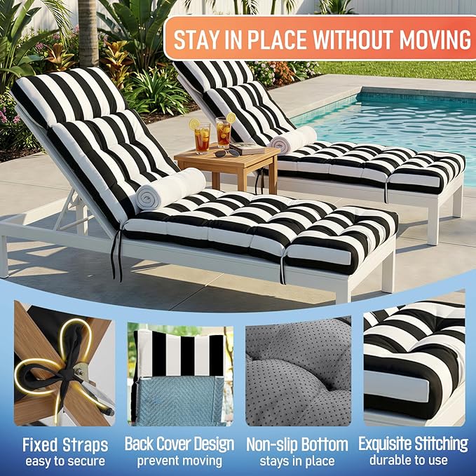 MAGIC ELEPHANT Chaise Lounge Cushion Outdoor, Memory Foam Patio Lounge Chair Cushion with Ties for Indoor Outdoor Furniture, Water-Repellent Replacement Long Chair Cushion (Black Stripe)