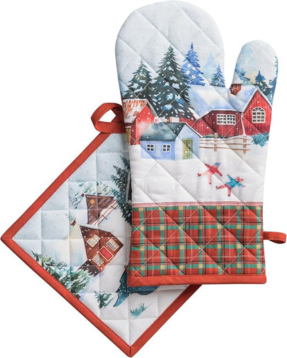Maison d' Hermine 100% Cotton Oven Mitt & Pot Holder Set (7.5"x13" & 8"x8") | Heat Resistant BBQ Cooking Gloves with Loop Baking Grilling Kitchen Hotel Home Farmhouse Thanksgiving Christmas - Megeve