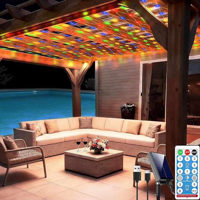 10ft x 10ft Solar Net Lights, 280LED Gazebo Mesh Lights Solar & USB Powered, Waterproof Netting Lights 8 Modes Clear Wire for Bushes Patio Garden Christmas Holiday Party Outdoor Decor (Multicolor)