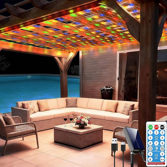 10ft x 10ft Solar Net Lights, 280LED Gazebo Mesh Lights Solar & USB Powered, Waterproof Netting Lights 8 Modes Clear Wire for Bushes Patio Garden Christmas Holiday Party Outdoor Decor (Multicolor)