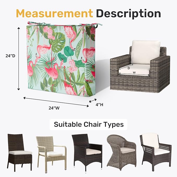 Outdoor Chair Cushions, Set of 4, 24"*24"*4", Water Resistant, Flamingos