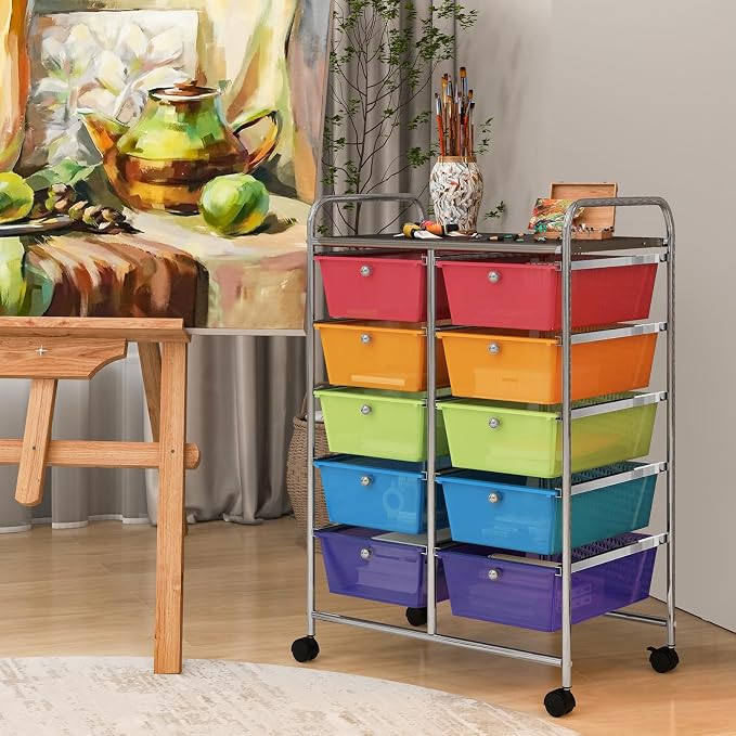 HOMGX Rolling Cart with 10 Drawers, 10 Tiers Multicolor Trolley, Drawer Bin Carts with 2 Lockable Wheels, Adjustable File & Debris Organizer Cart, Rolling Storage Cart for Office, School, Home