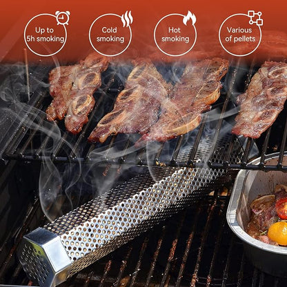 Z GRILLS Pellet Smoker Tube with 2 Hooks and Brush, 12" BBQ Billowing Smoke Mesh Stainless Steel for Cold/Hot Smoking