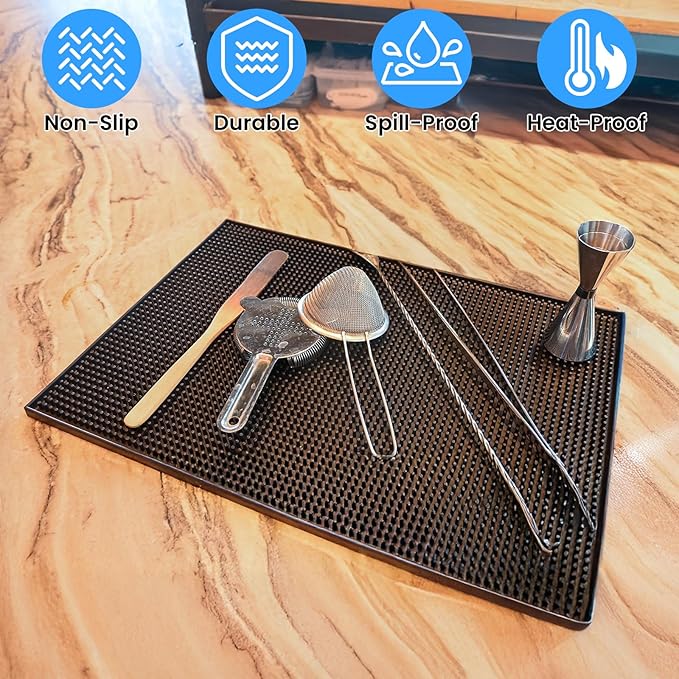 4 Pcs Bar Mat for Countertop 18 x 12 Inch, Non Slip Rubber Mat Service Spill Cocktail Bartending Coffee Bar Mats for Hot Dishes Restaurants Barbershop Clippers Hot Pads, Black