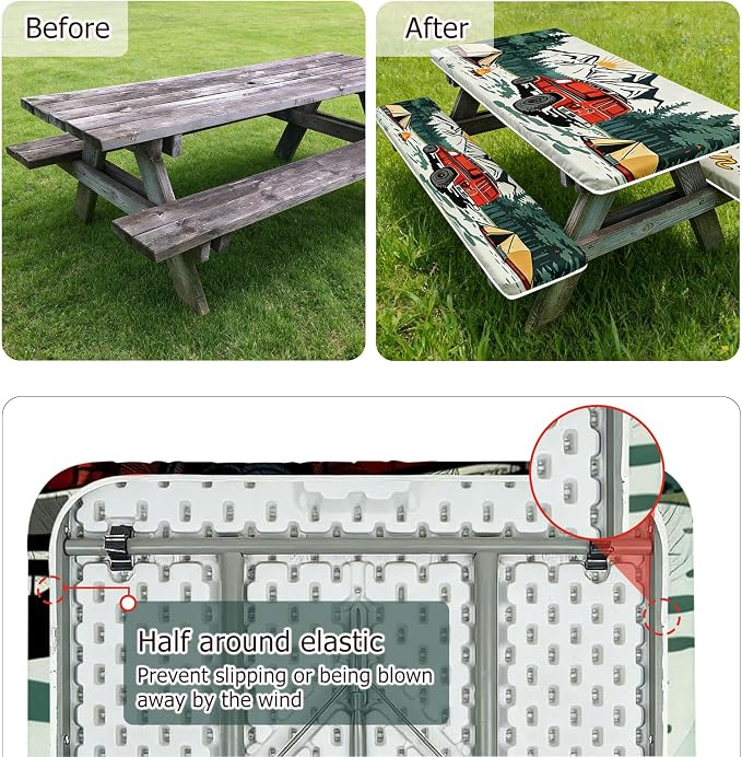 3 Piece Picnic Table Cover with Bench Covers fit Outdoor & Camping, 6ft | 30 x 72 Inches Table Cloths Waterproof Windproof with Elastic Edges & Drawstring Bag, for Rectangle Tables and Seat Covers