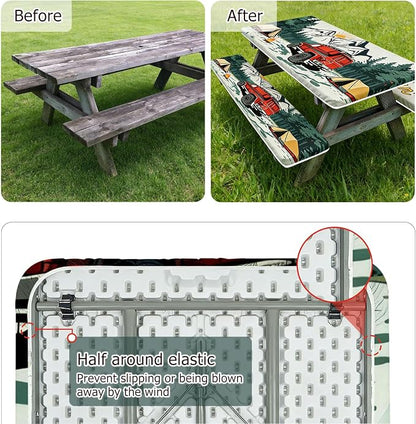 3 Piece Picnic Table Cover with Bench Covers fit Outdoor & Camping, 6ft | 30 x 72 Inches Table Cloths Waterproof Windproof with Elastic Edges & Drawstring Bag, for Rectangle Tables and Seat Covers