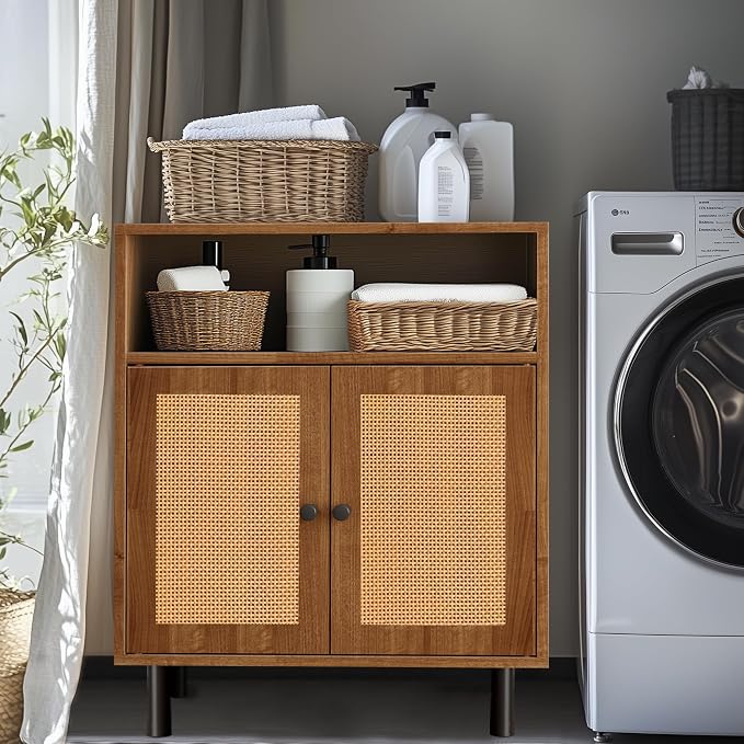 Rattan Storage Cabinet, Boho Accent Cabinet with Double Doors | Small Freestanding Sideboard for Hallway, Laundry Room,Kitchen, Dining Room, Entryway (Walnut)