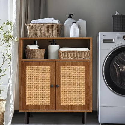 Rattan Storage Cabinet, Boho Accent Cabinet with Double Doors | Small Freestanding Sideboard for Hallway, Laundry Room,Kitchen, Dining Room, Entryway (Walnut)