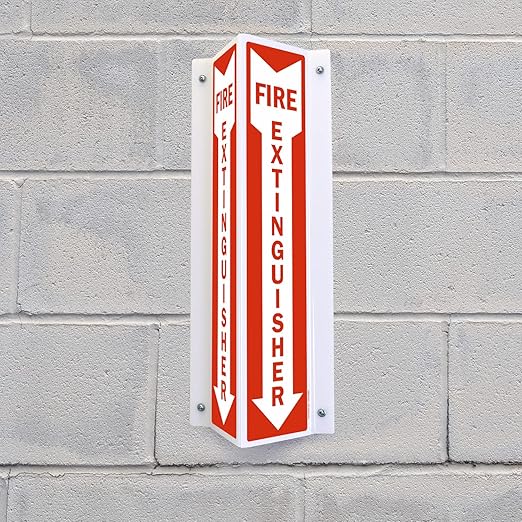 SmartSign "Fire Extinguisher" Two-Sided V-Shaped Projecting Sign with Down Arrow, 18 x 4 inch, 120 mil Polished Acrylic, Red/White, Made in USA